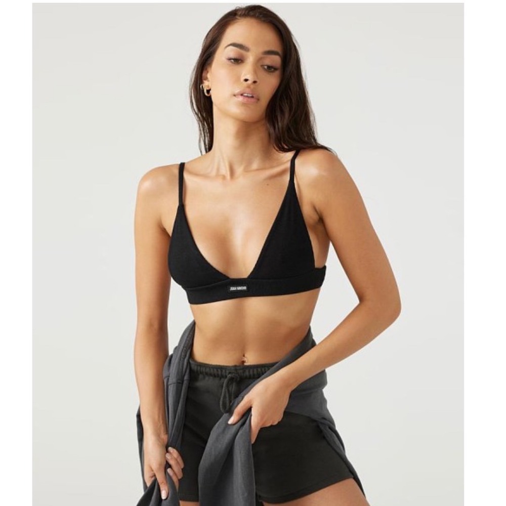 Joah Brown Womens Ribbed Triangle Bralette Black XS/S Logo Crop Top